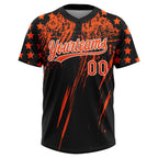 Custom Black Orange-White Distressed Scratch Brush Stroke Star Raglan Sleeves Two-Button Unisex Softball Jersey photo 2