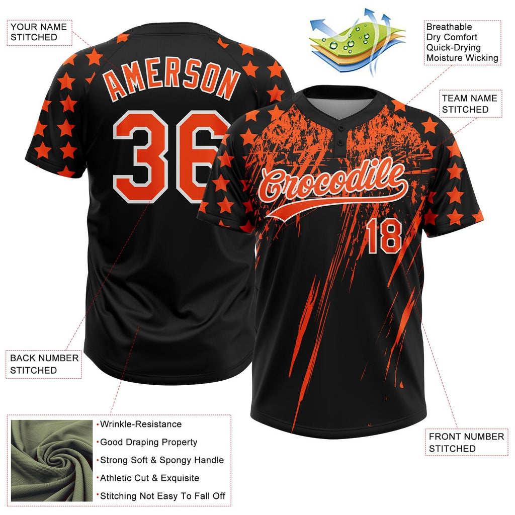 Custom Black Orange-White Distressed Scratch Brush Stroke Star Raglan Sleeves Two-Button Unisex Softball Jersey photo 3