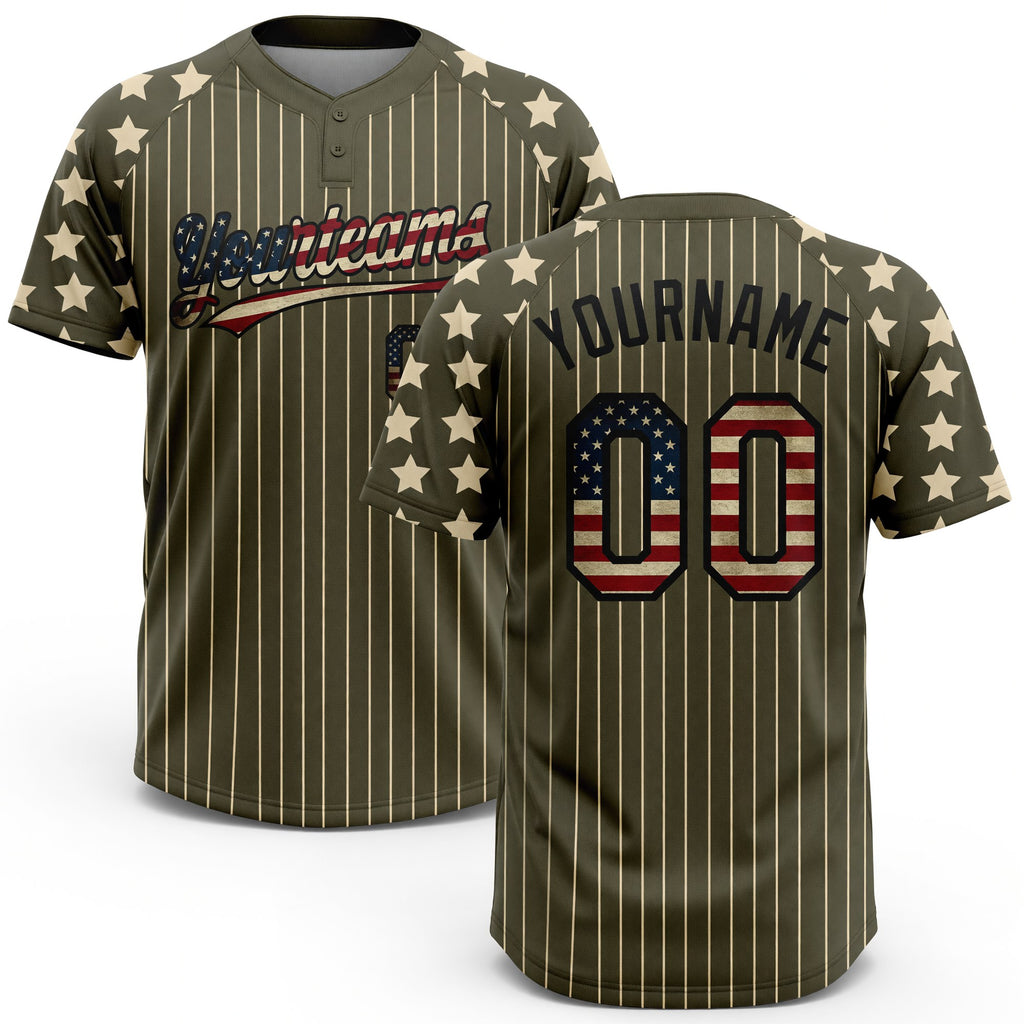 Custom Olive Cream Pinstripe Vintage USA Flag-Black Salute To Service Star Raglan Sleeves Two-Button Unisex Softball Jersey