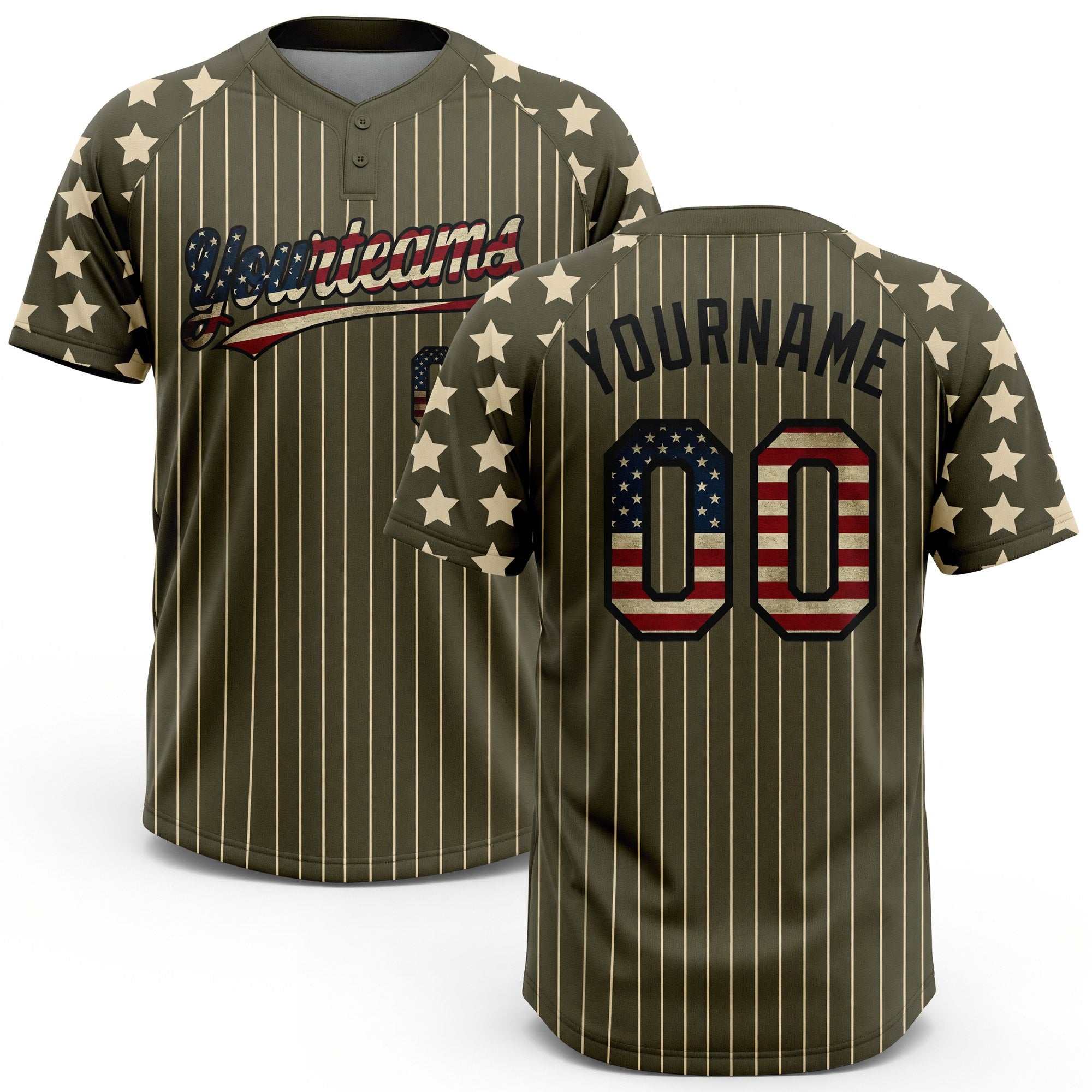 Custom Olive Cream Pinstripe Vintage USA Flag-Black Salute To Service Star Raglan Sleeves Two-Button Unisex Softball Jersey