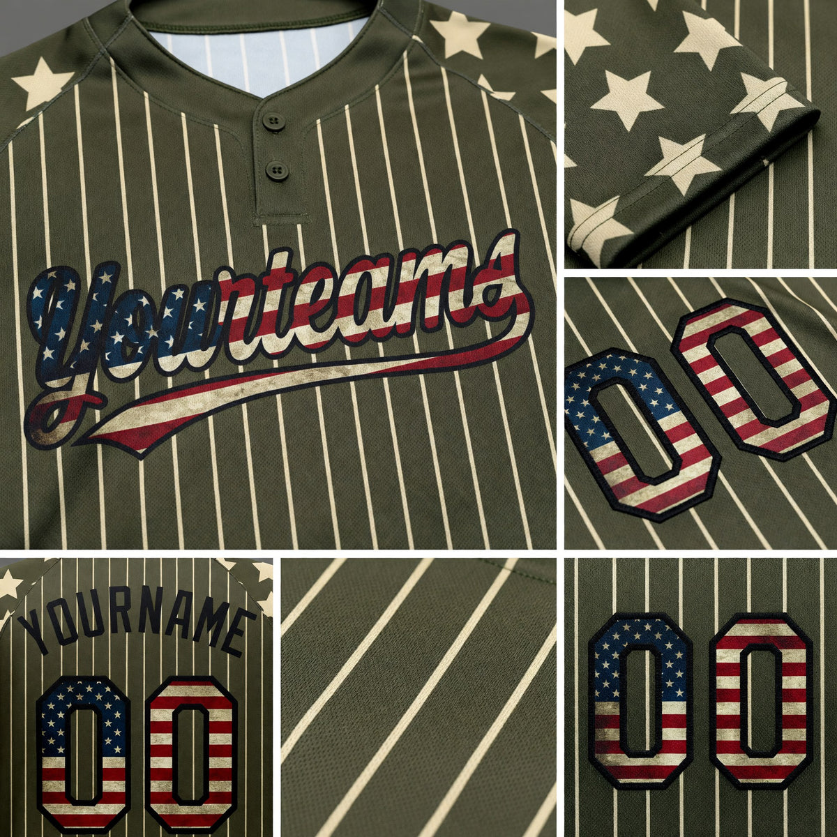 Custom Olive Cream Pinstripe Vintage USA Flag-Black Salute To Service Star Raglan Sleeves Two-Button Unisex Softball Jersey detail