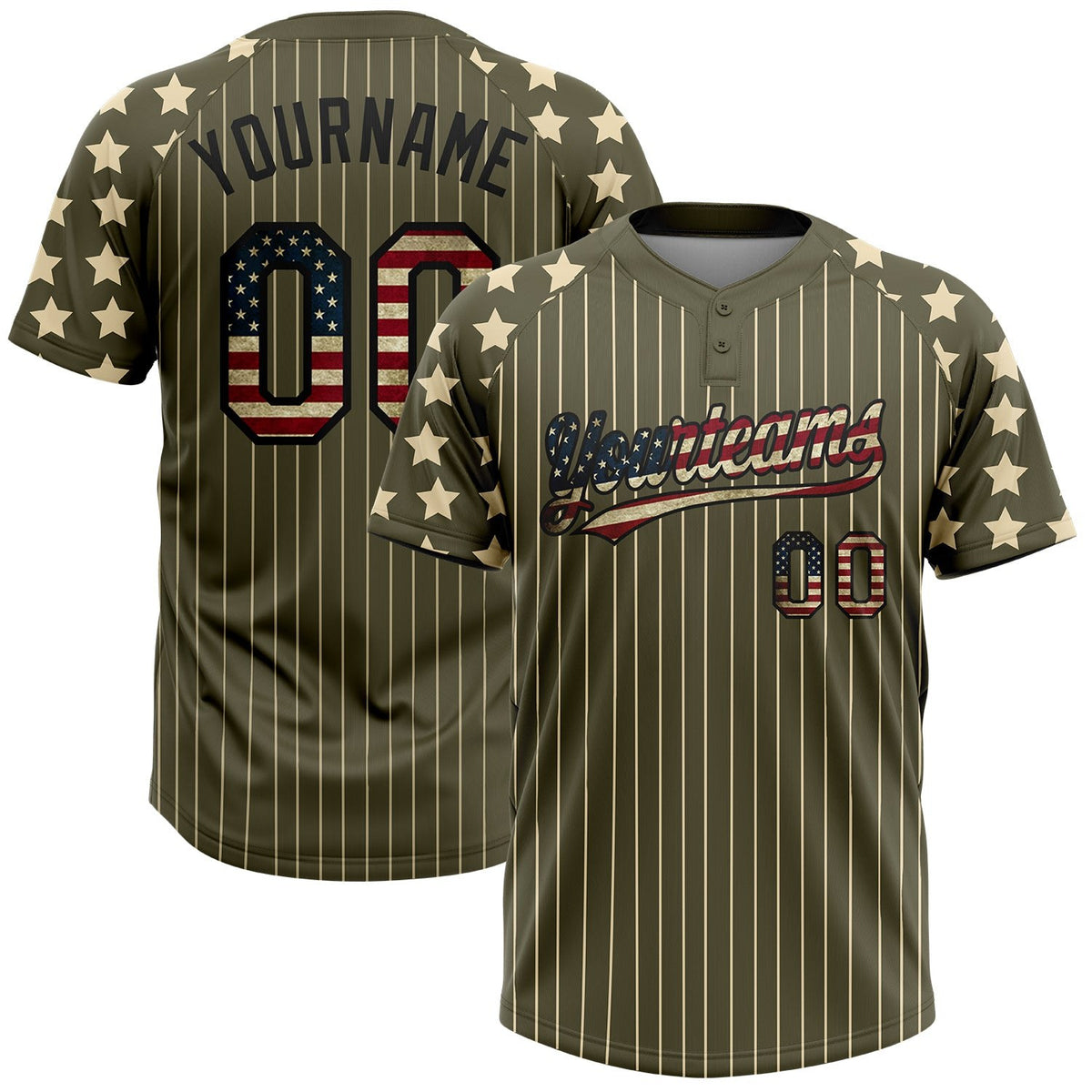 Custom Olive Cream Pinstripe Vintage USA Flag-Black Salute To Service Star Raglan Sleeves Two-Button Unisex Softball Jersey photo 1
