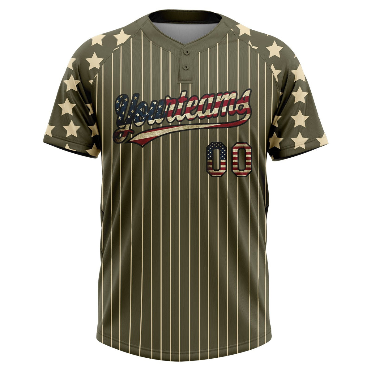 Custom Olive Cream Pinstripe Vintage USA Flag-Black Salute To Service Star Raglan Sleeves Two-Button Unisex Softball Jersey photo 2