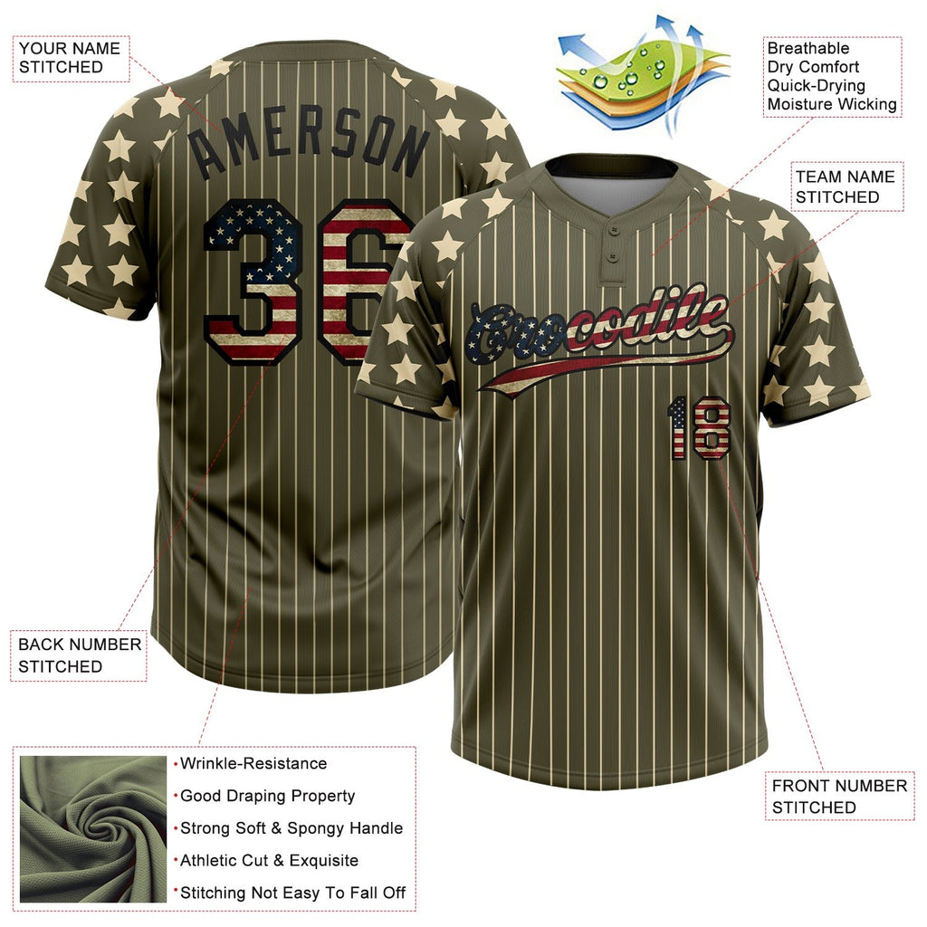 Custom Olive Cream Pinstripe Vintage USA Flag-Black Salute To Service Star Raglan Sleeves Two-Button Unisex Softball Jersey photo 3