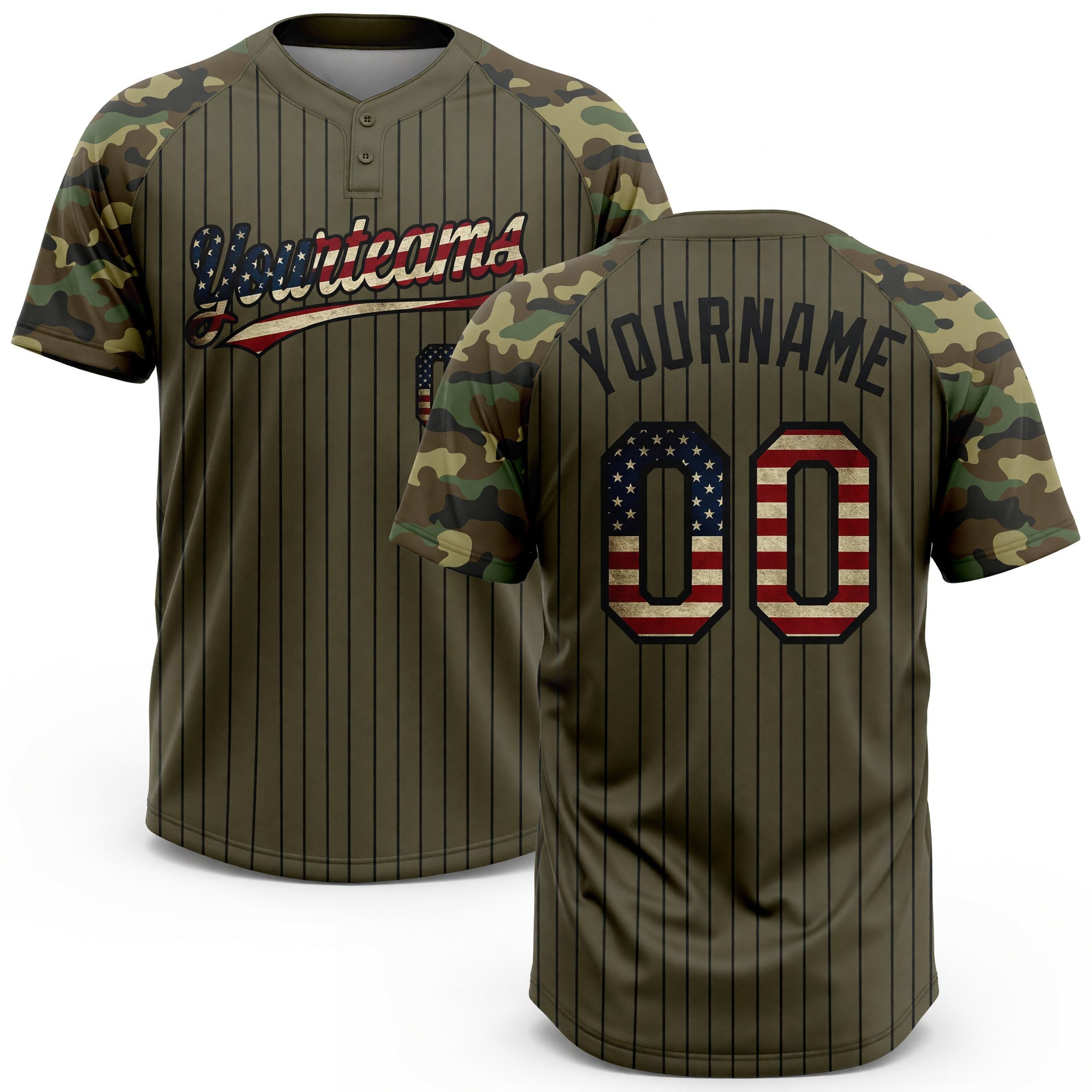 Custom Olive Black Pinstripe Vintage USA Flag Salute To Service Camo Raglan Sleeves Two-Button Unisex Softball Jersey
