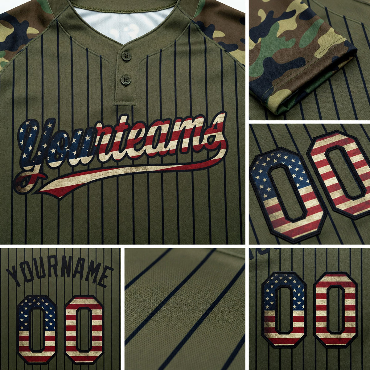 Custom Olive Black Pinstripe Vintage USA Flag Salute To Service Camo Raglan Sleeves Two-Button Unisex Softball Jersey detail