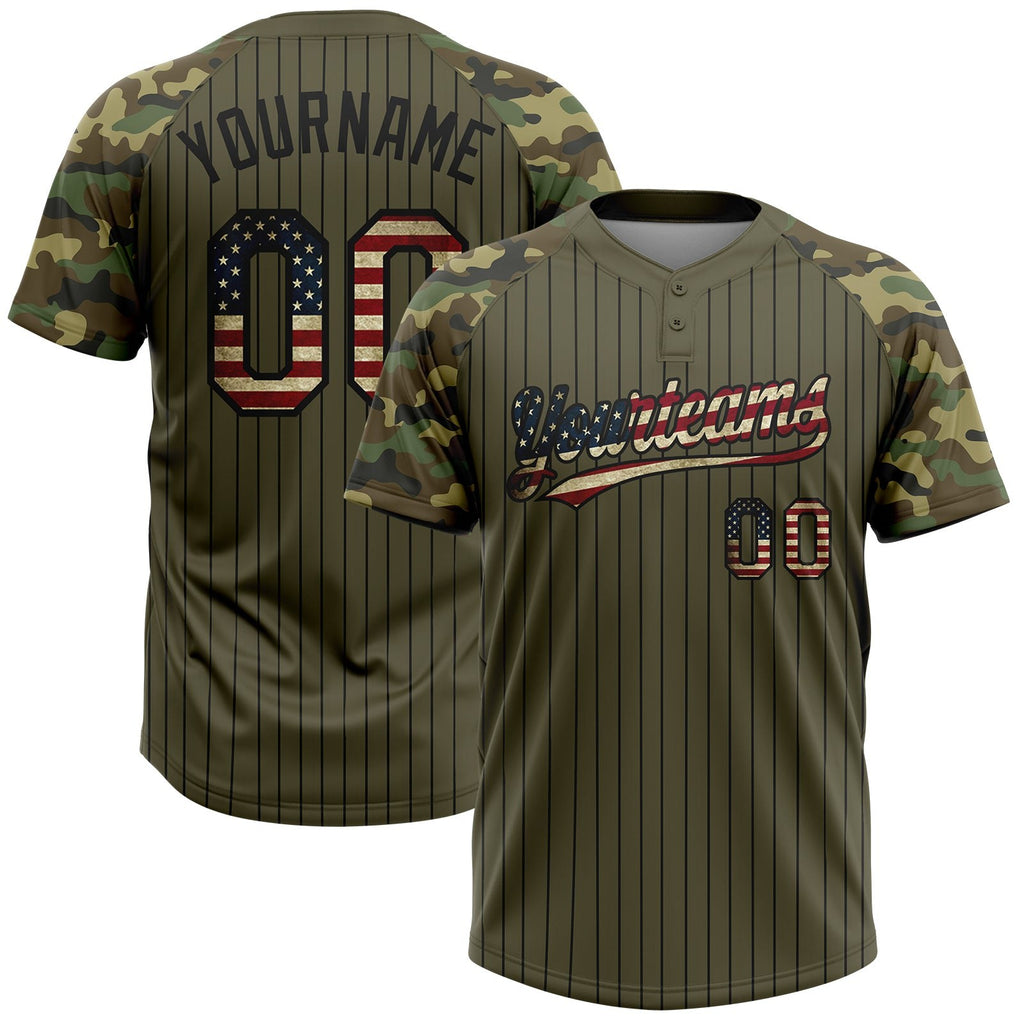 Custom Olive Black Pinstripe Vintage USA Flag Salute To Service Camo Raglan Sleeves Two-Button Unisex Softball Jersey photo 1