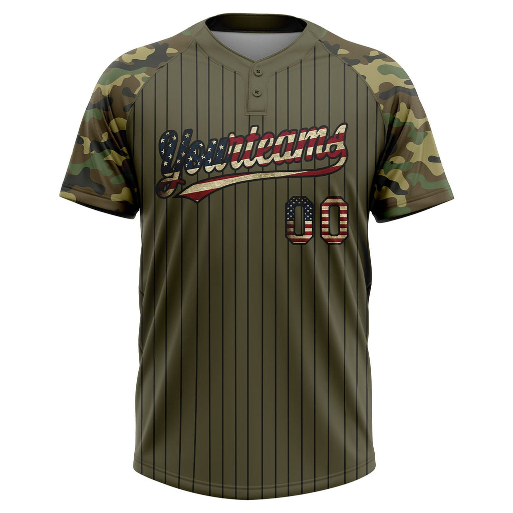 Custom Olive Black Pinstripe Vintage USA Flag Salute To Service Camo Raglan Sleeves Two-Button Unisex Softball Jersey photo 2