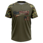 Custom Olive Black Pinstripe Vintage USA Flag Salute To Service Camo Raglan Sleeves Two-Button Unisex Softball Jersey photo 2