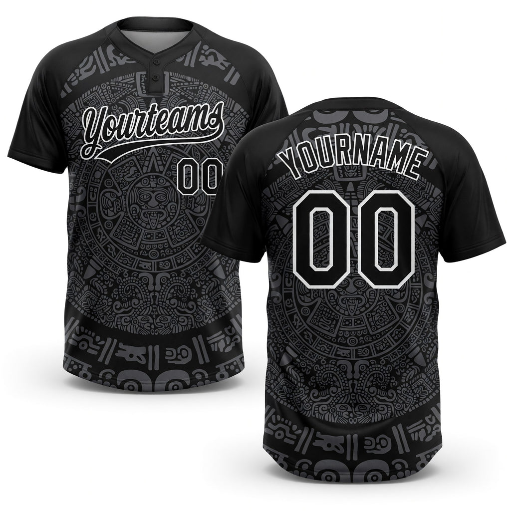 Custom Black Steel Gray-White Ethnic Aztec Mexican Heritage Two-Button Unisex Softball Jersey