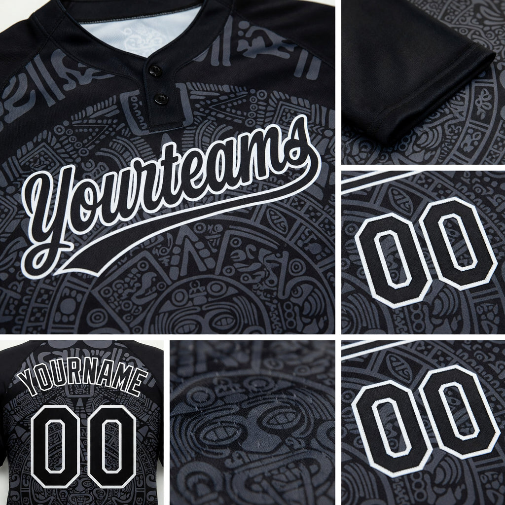 Custom Black Steel Gray-White Ethnic Aztec Mexican Heritage Two-Button Unisex Softball Jersey detail