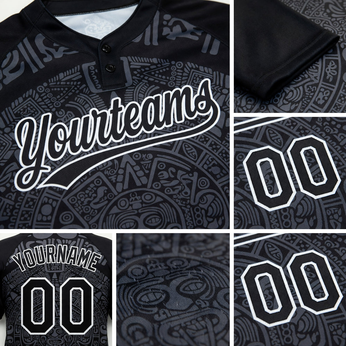 Custom Black Steel Gray-White Ethnic Aztec Mexican Heritage Two-Button Unisex Softball Jersey detail