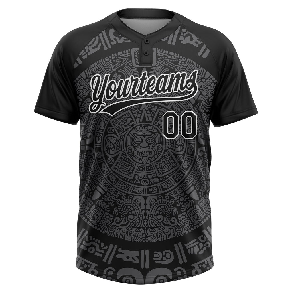 Custom Black Steel Gray-White Ethnic Aztec Mexican Heritage Two-Button Unisex Softball Jersey photo 2