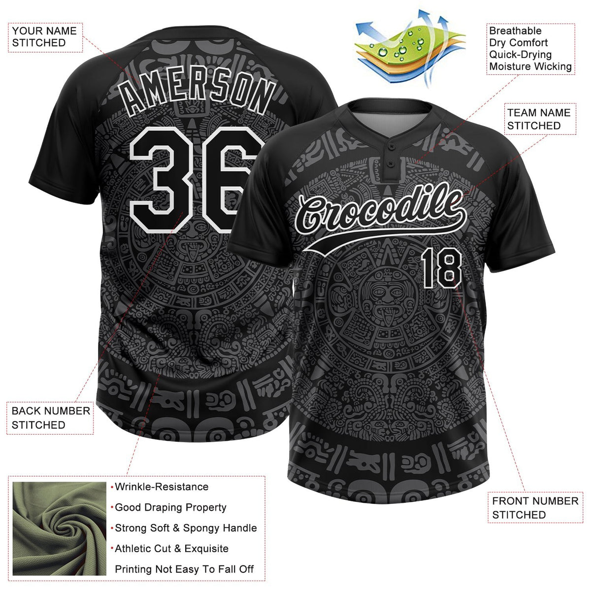 Custom Black Steel Gray-White Ethnic Aztec Mexican Heritage Two-Button Unisex Softball Jersey photo 3