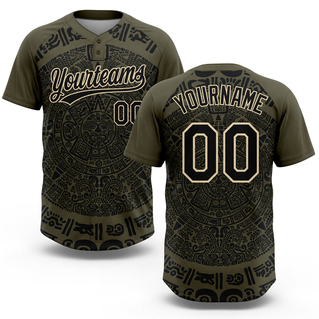 Custom Olive Black-Cream Ethnic Aztec Mexican Heritage Two-Button Unisex Softball Jersey
