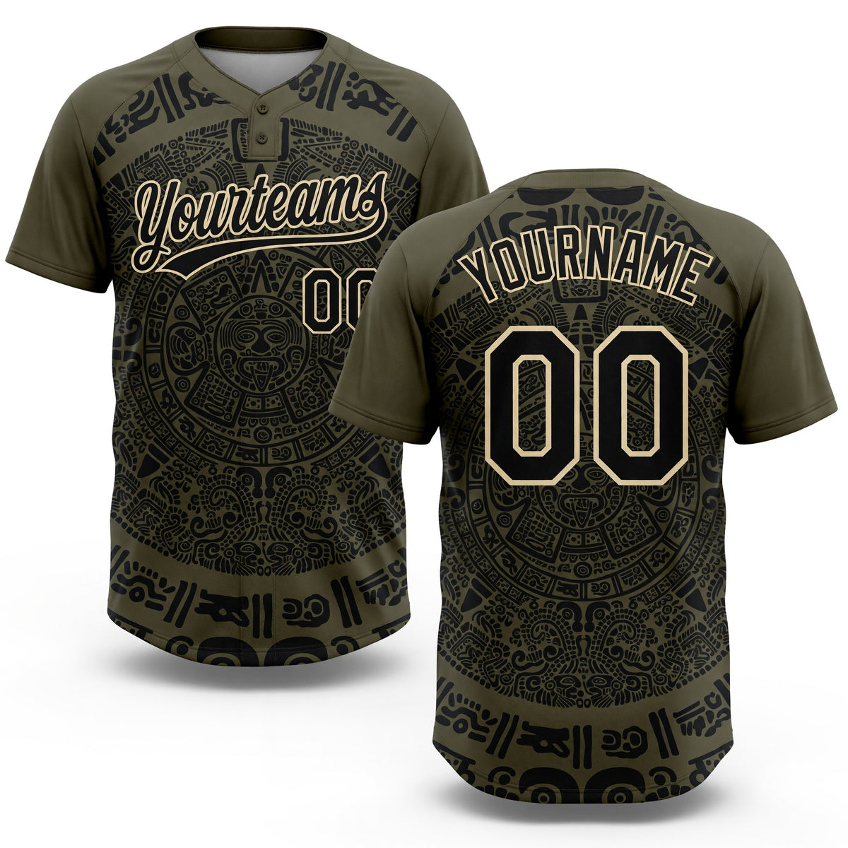 Custom Olive Black-Cream Ethnic Aztec Mexican Heritage Two-Button Unisex Softball Jersey