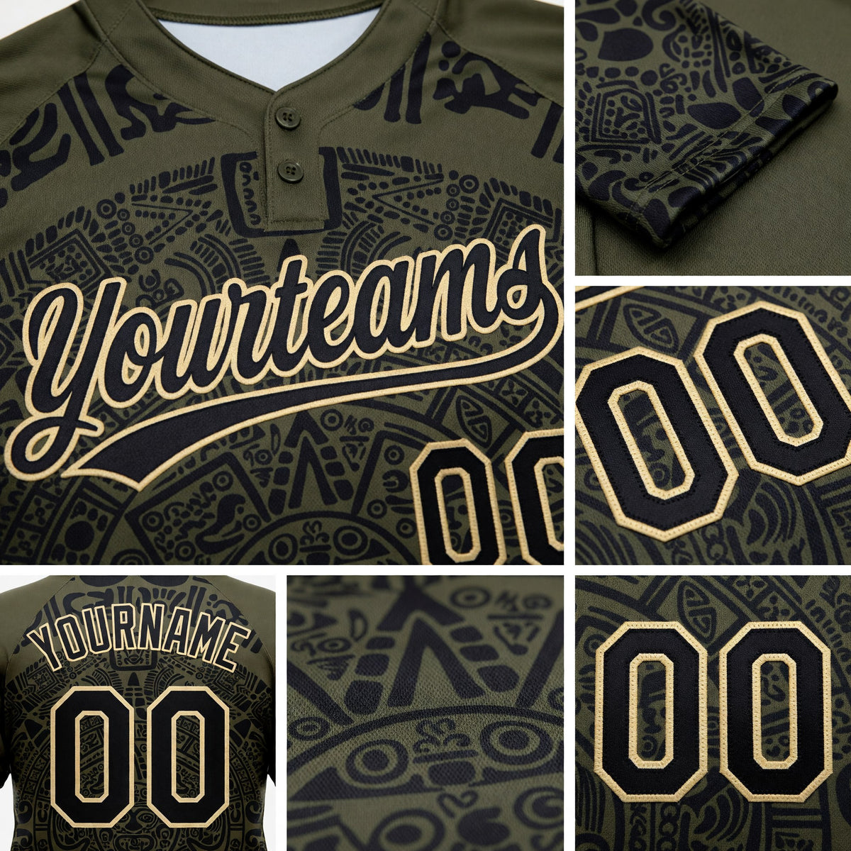 Custom Olive Black-Cream Ethnic Aztec Mexican Heritage Two-Button Unisex Softball Jersey detail