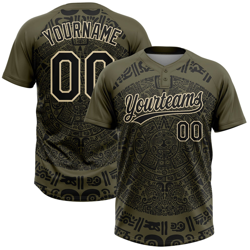 Custom Olive Black-Cream Ethnic Aztec Mexican Heritage Two-Button Unisex Softball Jersey photo 1