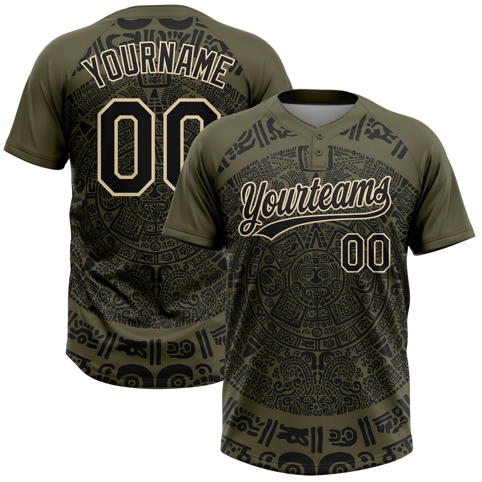 Custom Olive Black-Cream Ethnic Aztec Mexican Heritage Two-Button Unisex Softball Jersey photo 1