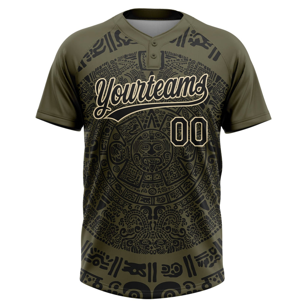 Custom Olive Black-Cream Ethnic Aztec Mexican Heritage Two-Button Unisex Softball Jersey photo 2
