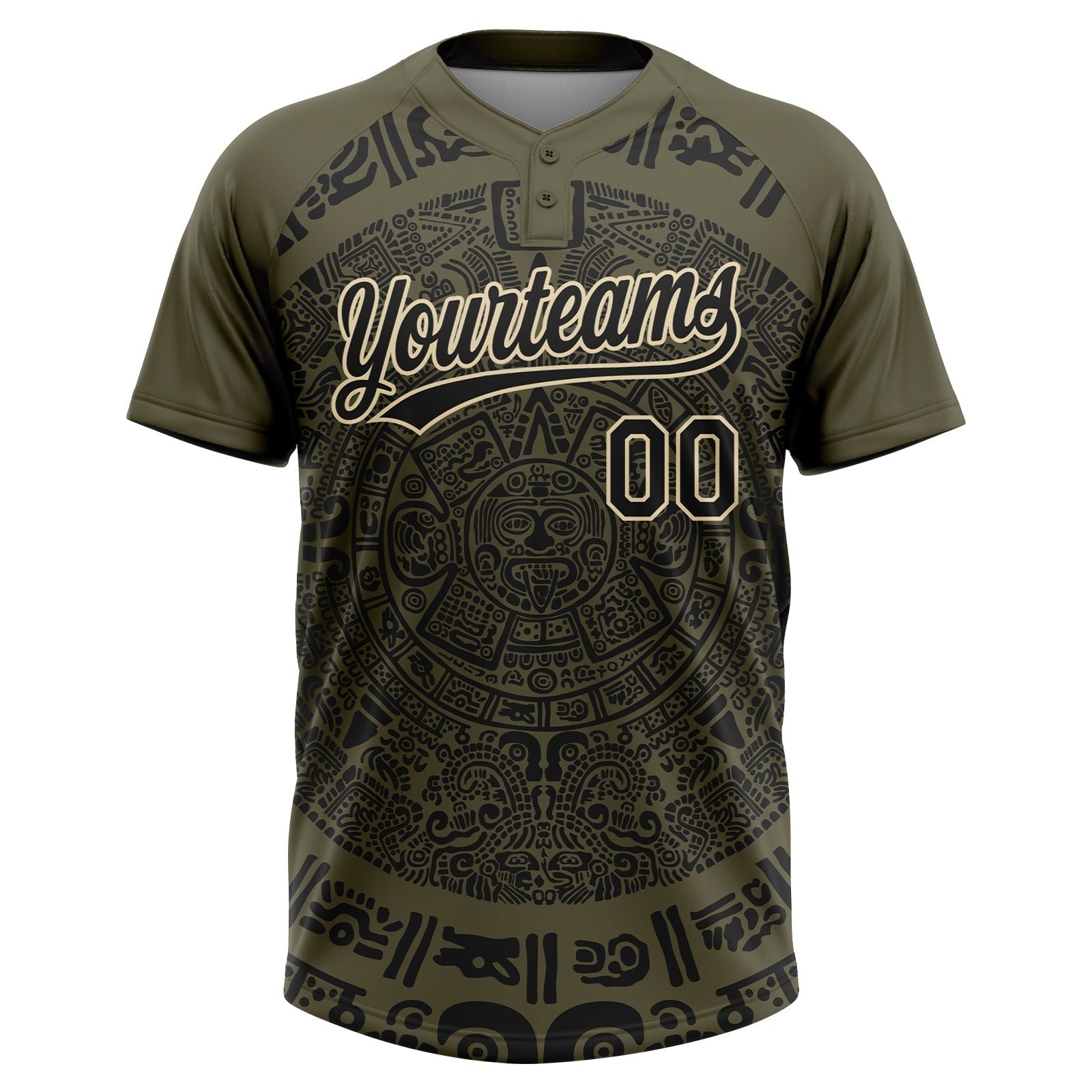 Custom Olive Black-Cream Ethnic Aztec Mexican Heritage Two-Button Unisex Softball Jersey photo 2