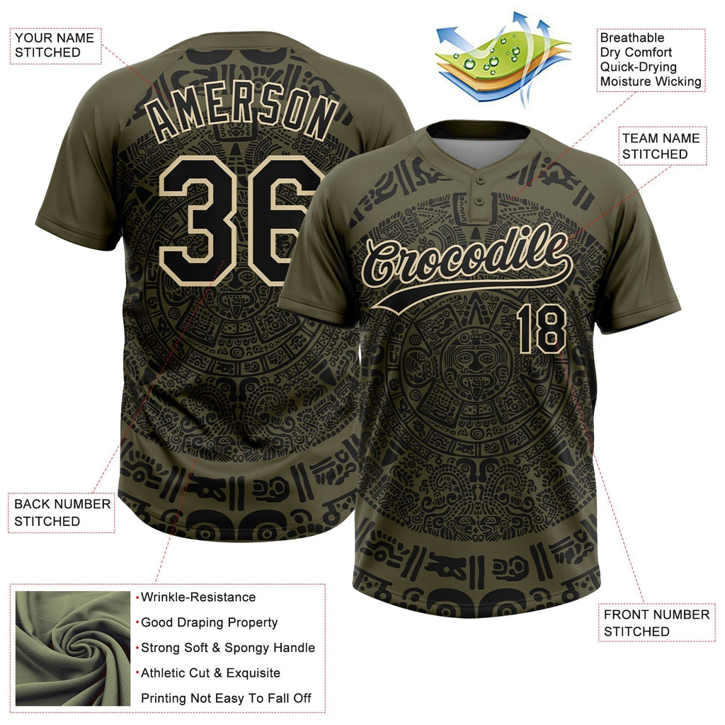 Custom Olive Black-Cream Ethnic Aztec Mexican Heritage Two-Button Unisex Softball Jersey photo 3