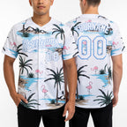 Custom White Light Blue Tropical Hawaii Palm Trees And Flamingo Two-Button Unisex Softball Jersey worn front and back