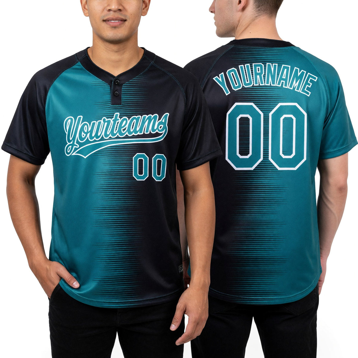 Custom Black Teal-White Gradient Horizontal Stripe Two-Button Unisex Softball Jersey worn front and back