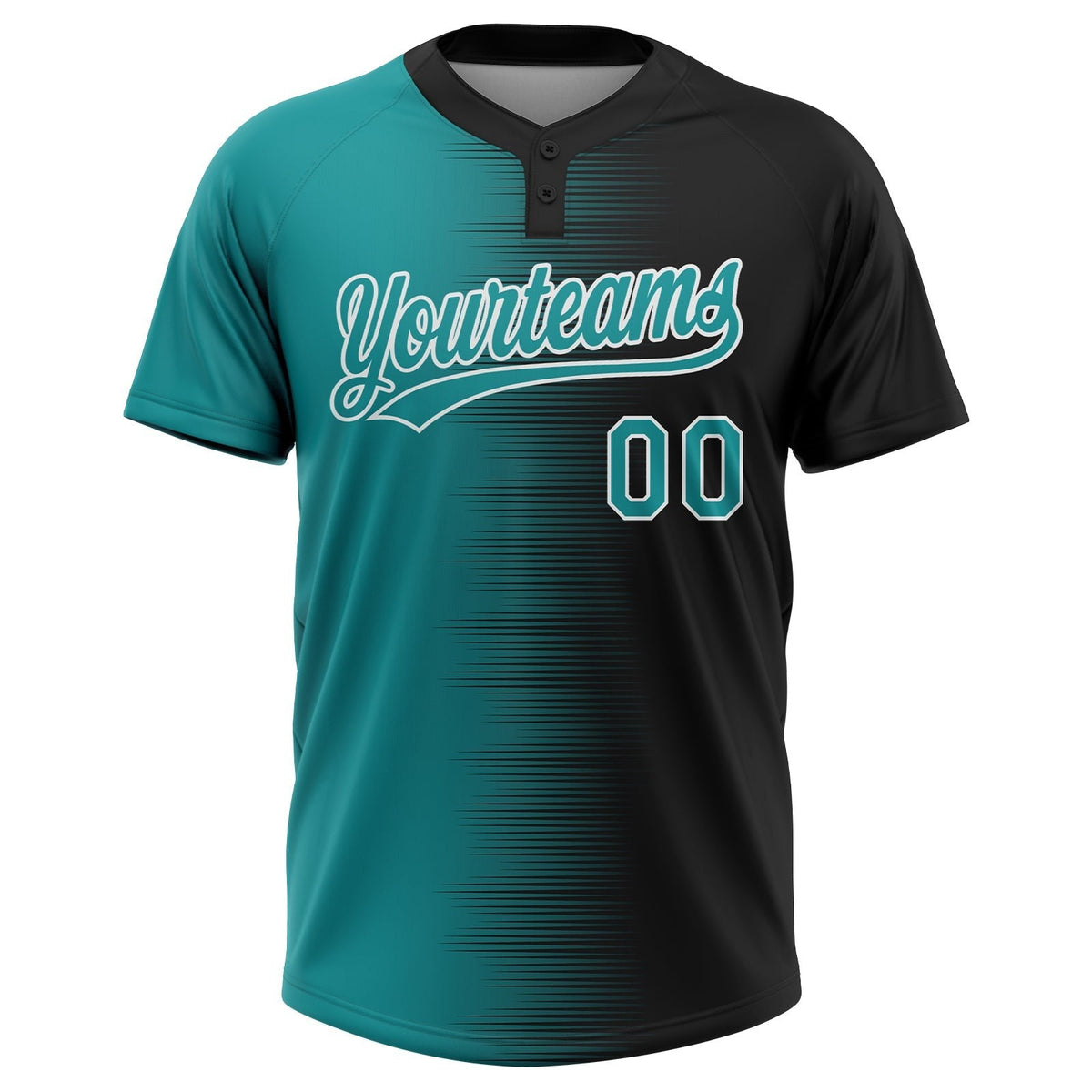 Custom Black Teal-White Gradient Horizontal Stripe Two-Button Unisex Softball Jersey photo 2