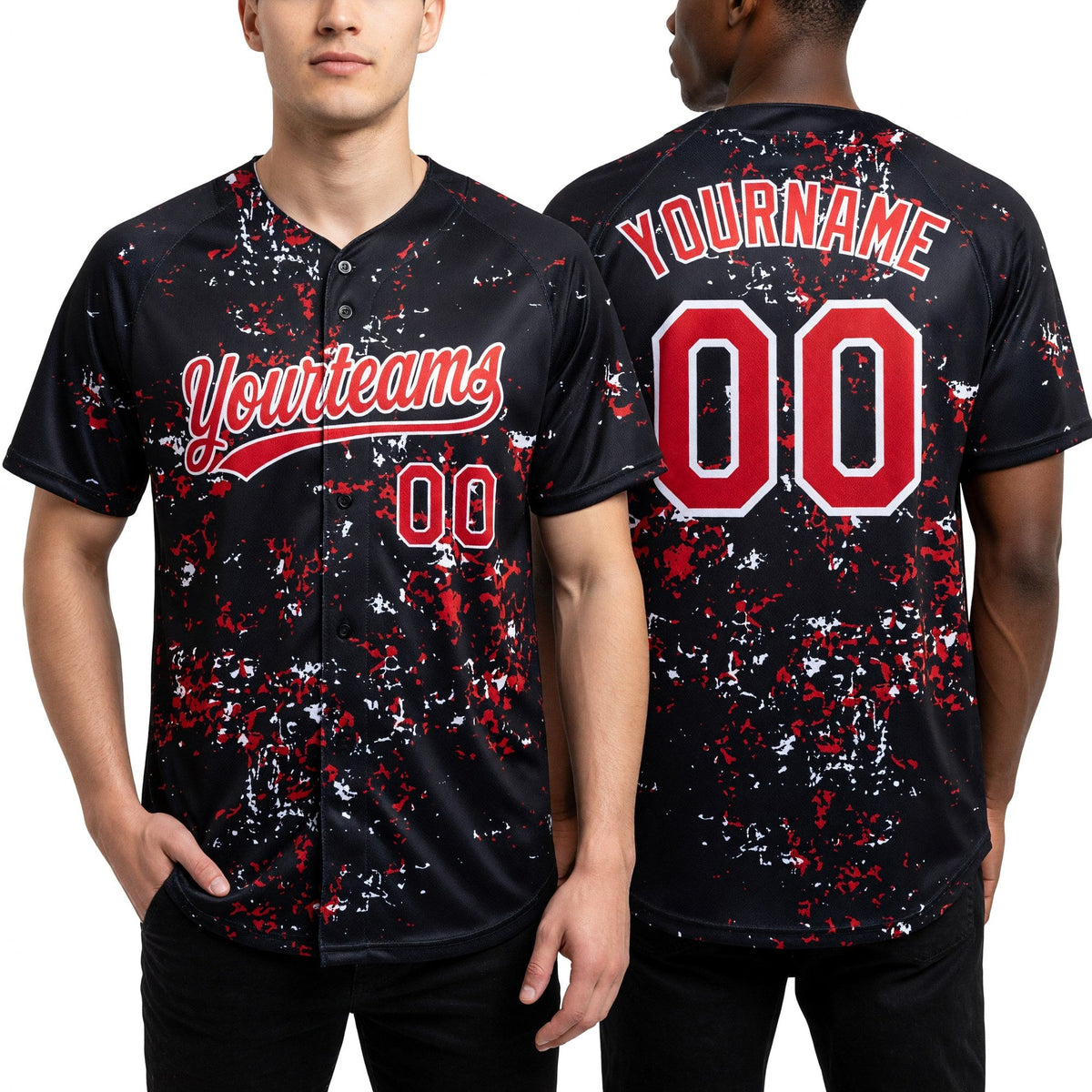 Custom Black Red-White Abstract Shattered Paint Splatter Two-Button Unisex Softball Jersey worn front and back