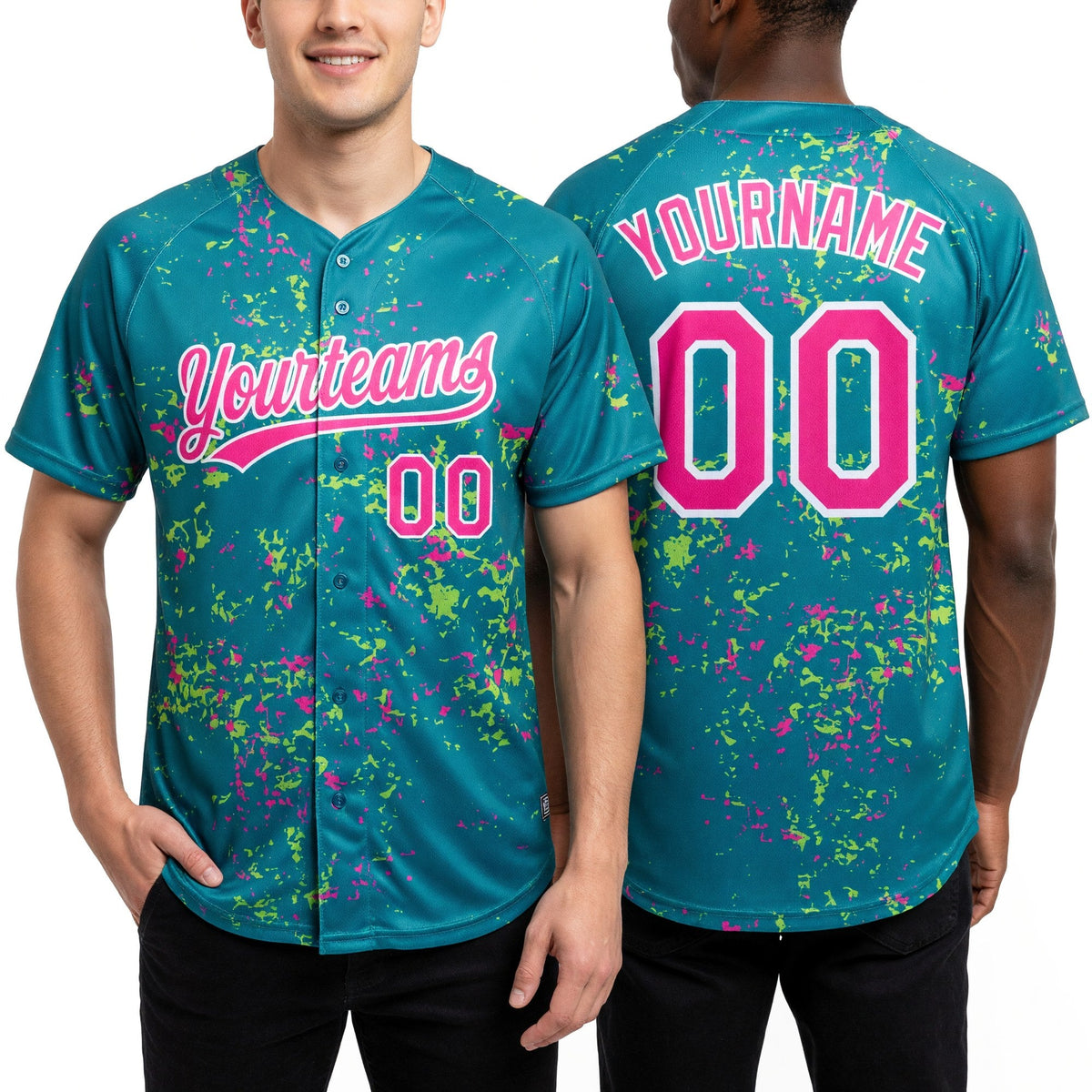 Custom Teal Pink Neon Green-White Abstract Shattered Paint Splatter Two-Button Unisex Softball Jersey worn front and back
