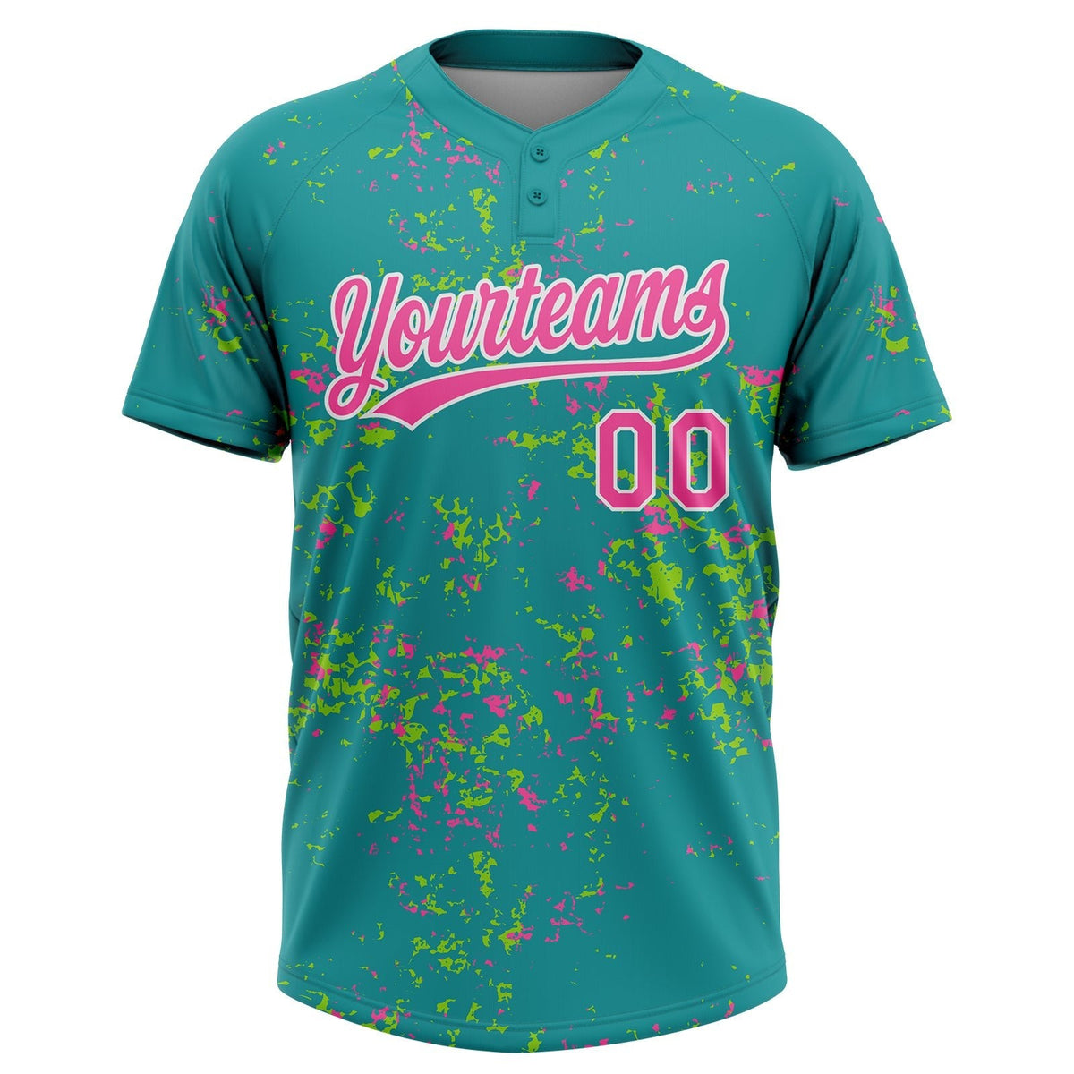 Custom Teal Pink Neon Green-White Abstract Shattered Paint Splatter Two-Button Unisex Softball Jersey photo 2