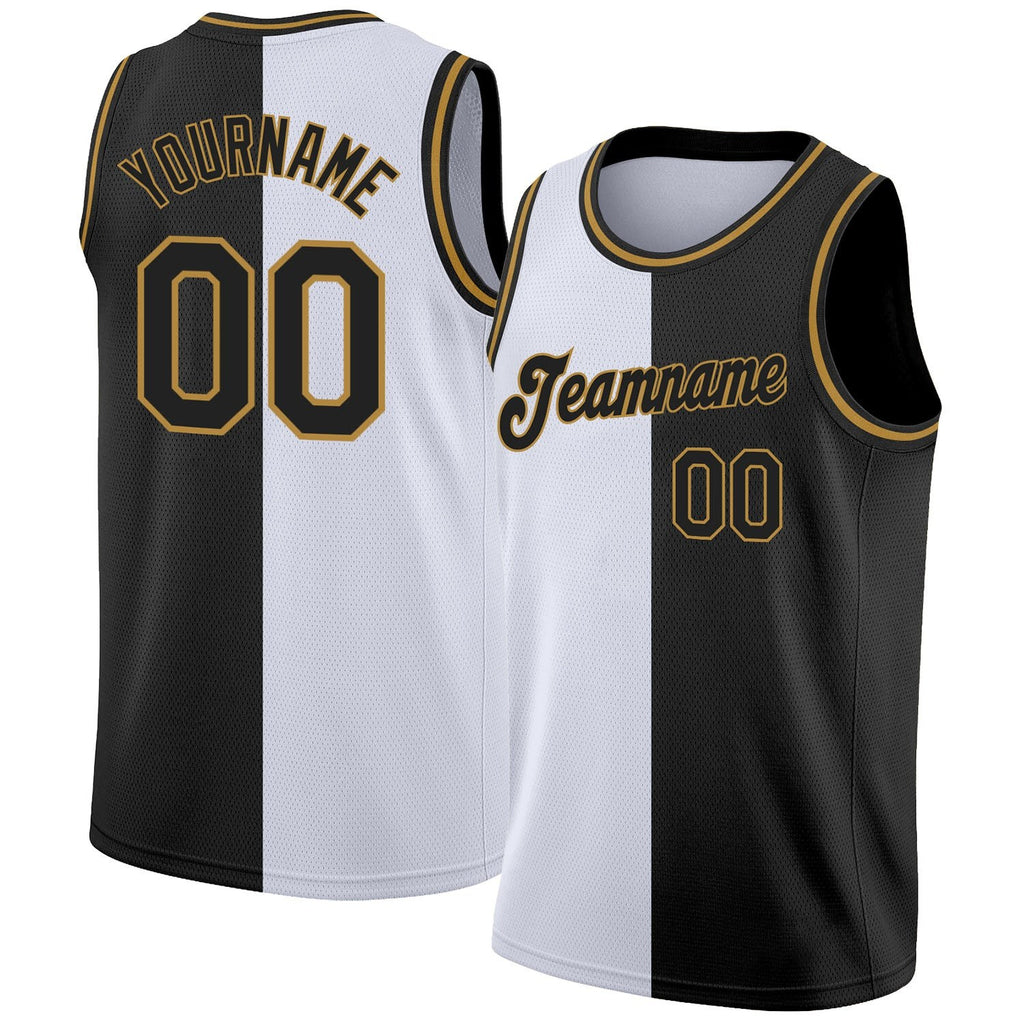 Custom White Black-Old Gold Authentic Split Fashion Basketball Jersey photo 1