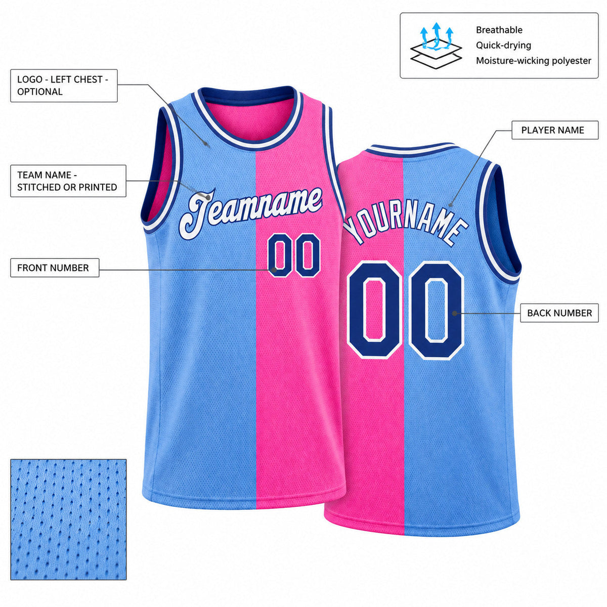 Custom Light Blue Authentic Split Basketball Jersey with Royal and Pink Lettering customization guide