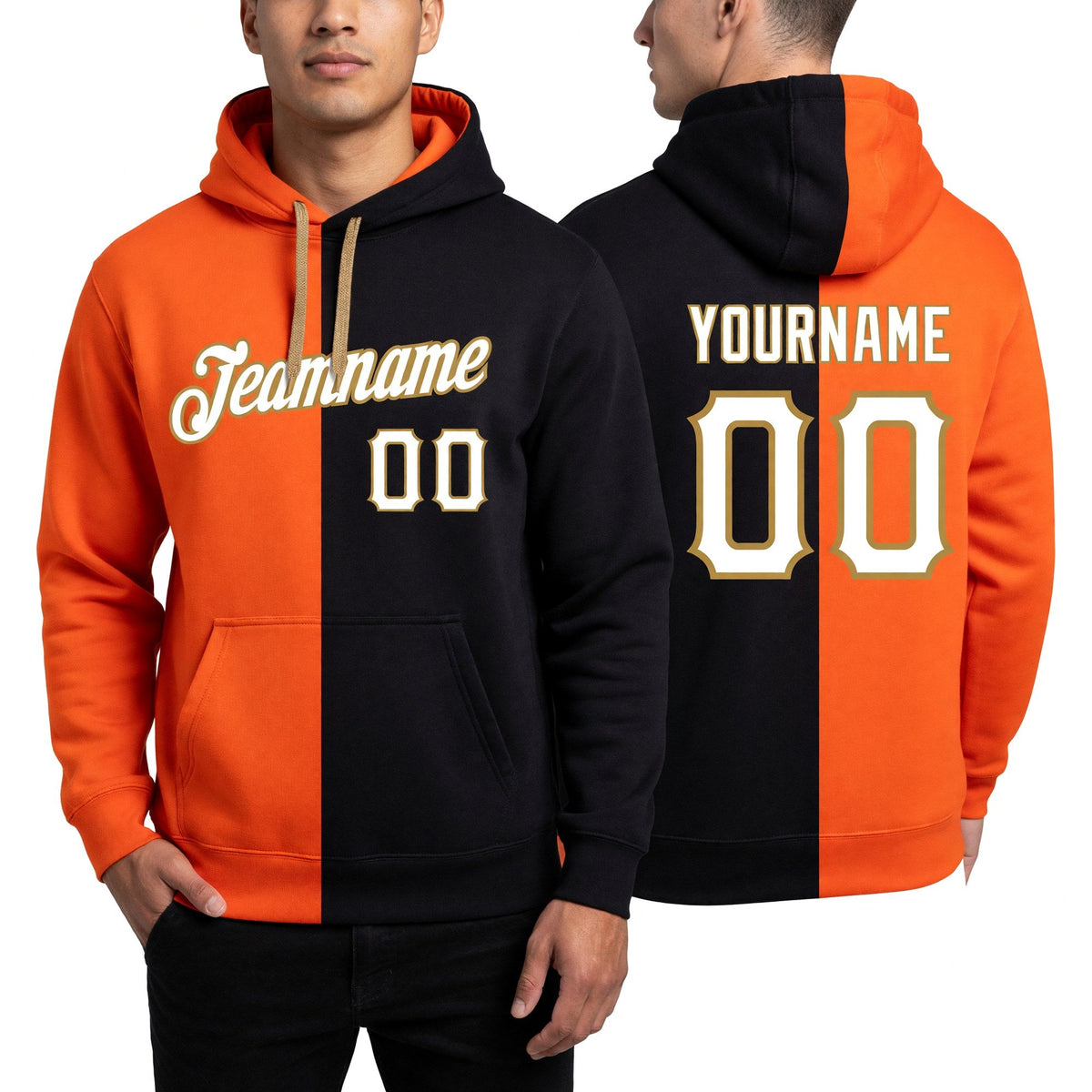 Custom Stitched Orange White-Black Split Fashion Sports Pullover Sweatshirt Hoodie worn front and back