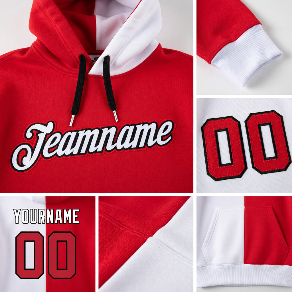 Custom Stitched White Red-Black Split Fashion Sports Pullover Sweatshirt Hoodie detail