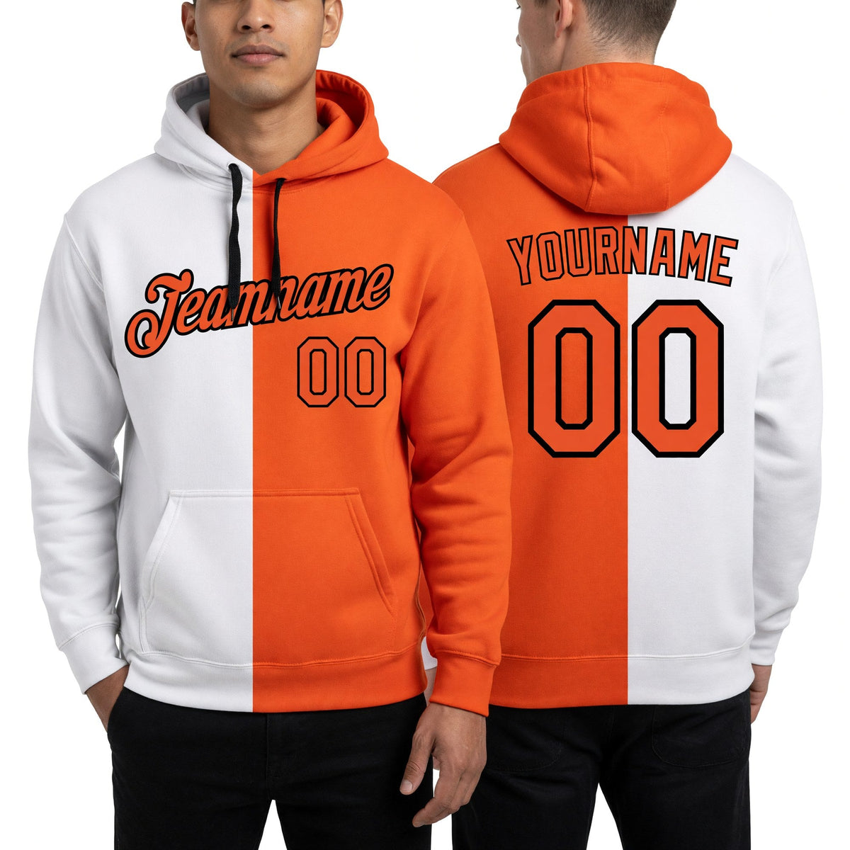 Custom Stitched White Orange-Black Split Fashion Sports Pullover Sweatshirt Hoodie worn front and back