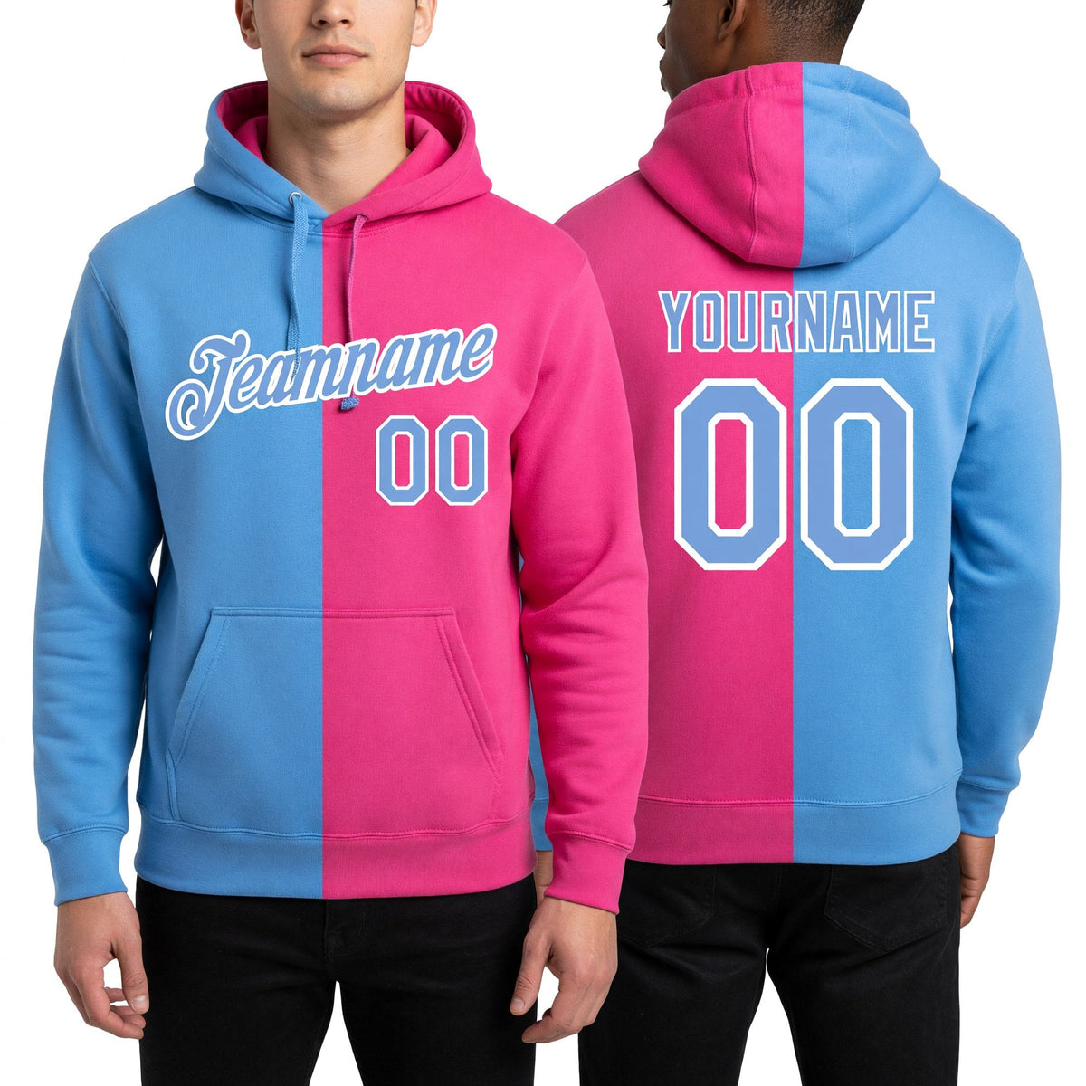 Custom Stitched Pink Light Blue-White Split Fashion Sports Pullover Sweatshirt Hoodie worn front and back