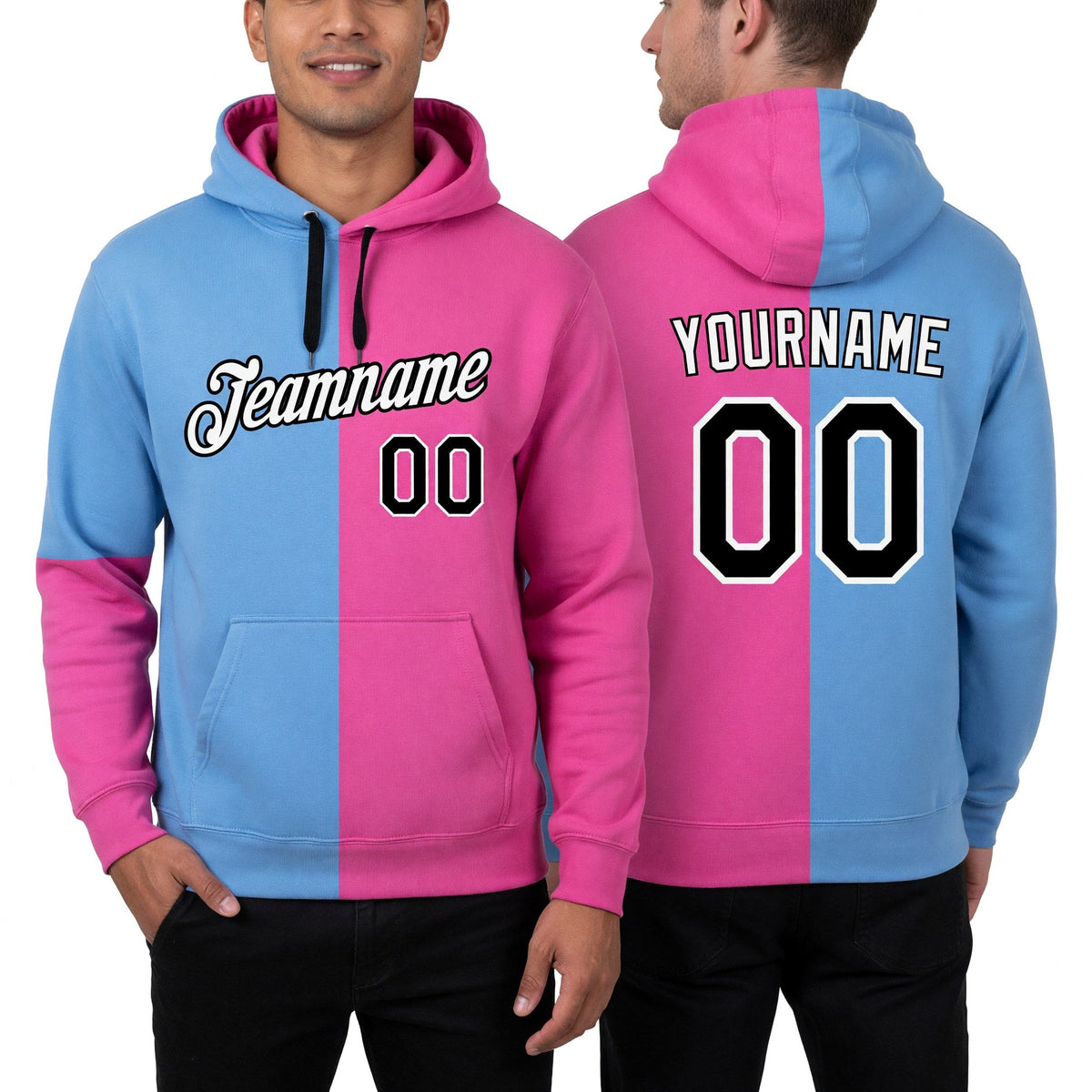 Custom Stitched Light Blue Black-Pink Split Fashion Sports Pullover Sweatshirt Hoodie worn front and back