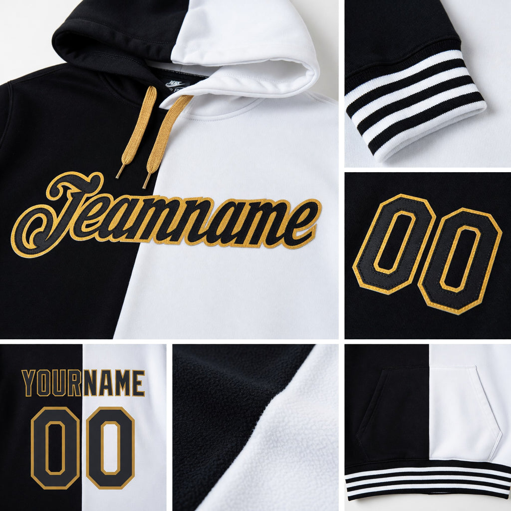 Custom Stitched White Black-Old Gold Split Fashion Sports Pullover Sweatshirt Hoodie detail