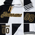 Custom Stitched White Black-Old Gold Split Fashion Sports Pullover Sweatshirt Hoodie detail