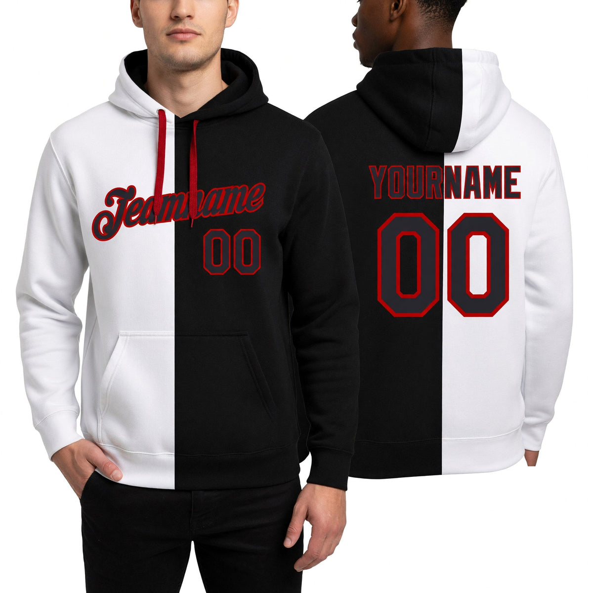 Custom Stitched White Black-Red Split Fashion Sports Pullover Sweatshirt Hoodie worn front and back