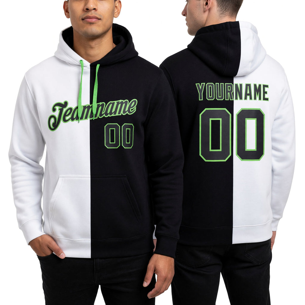 Custom Stitched White Black-Neon Green Split Fashion Sports Pullover Sweatshirt Hoodie worn front and back