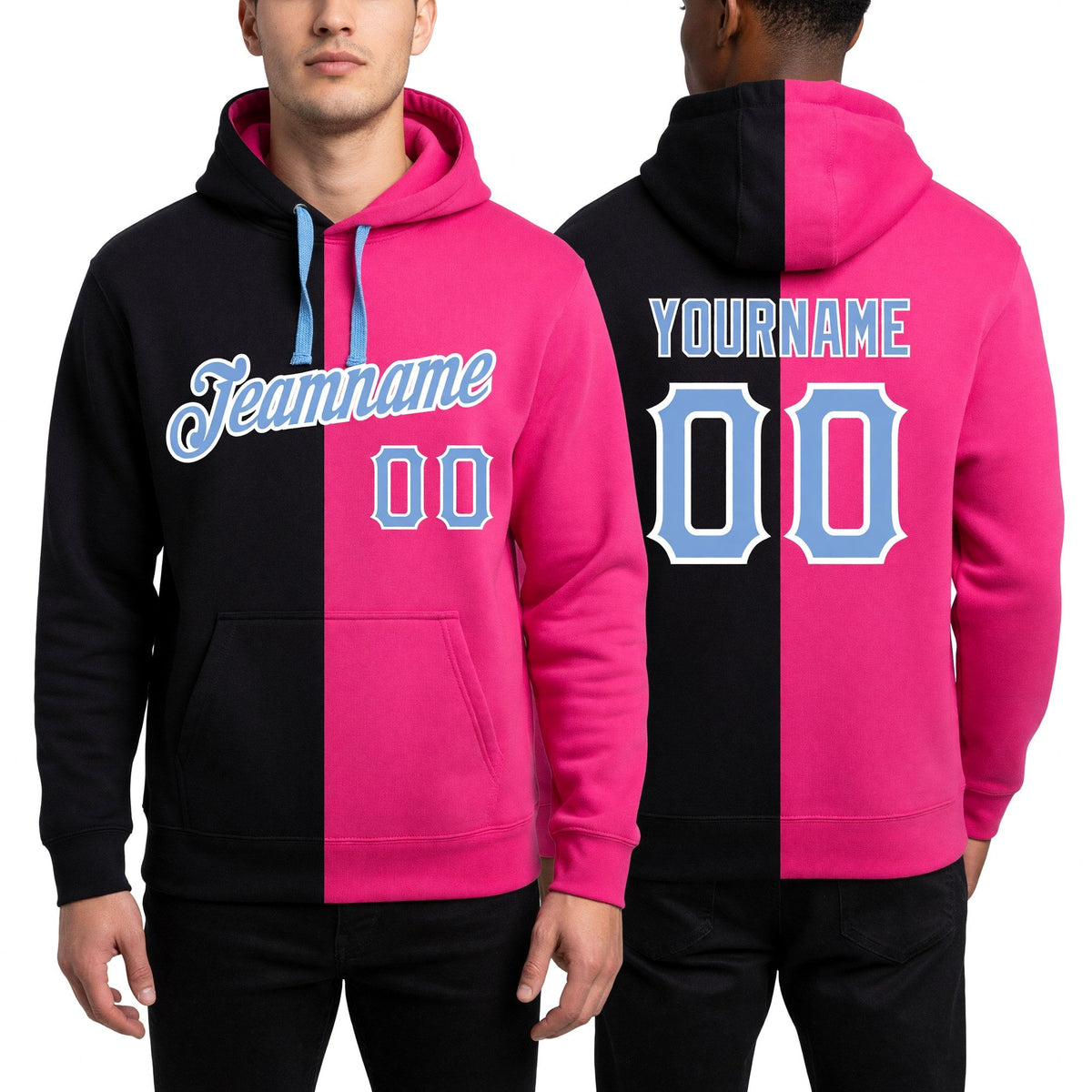 Custom Stitched Pink Light Blue-Black Split Fashion Sports Pullover Sweatshirt Hoodie worn front and back