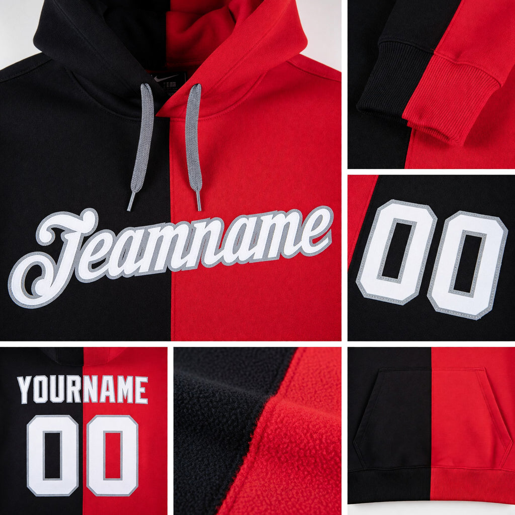 Custom Stitched Red White-Black Split Fashion Sports Pullover Sweatshirt Hoodie detail