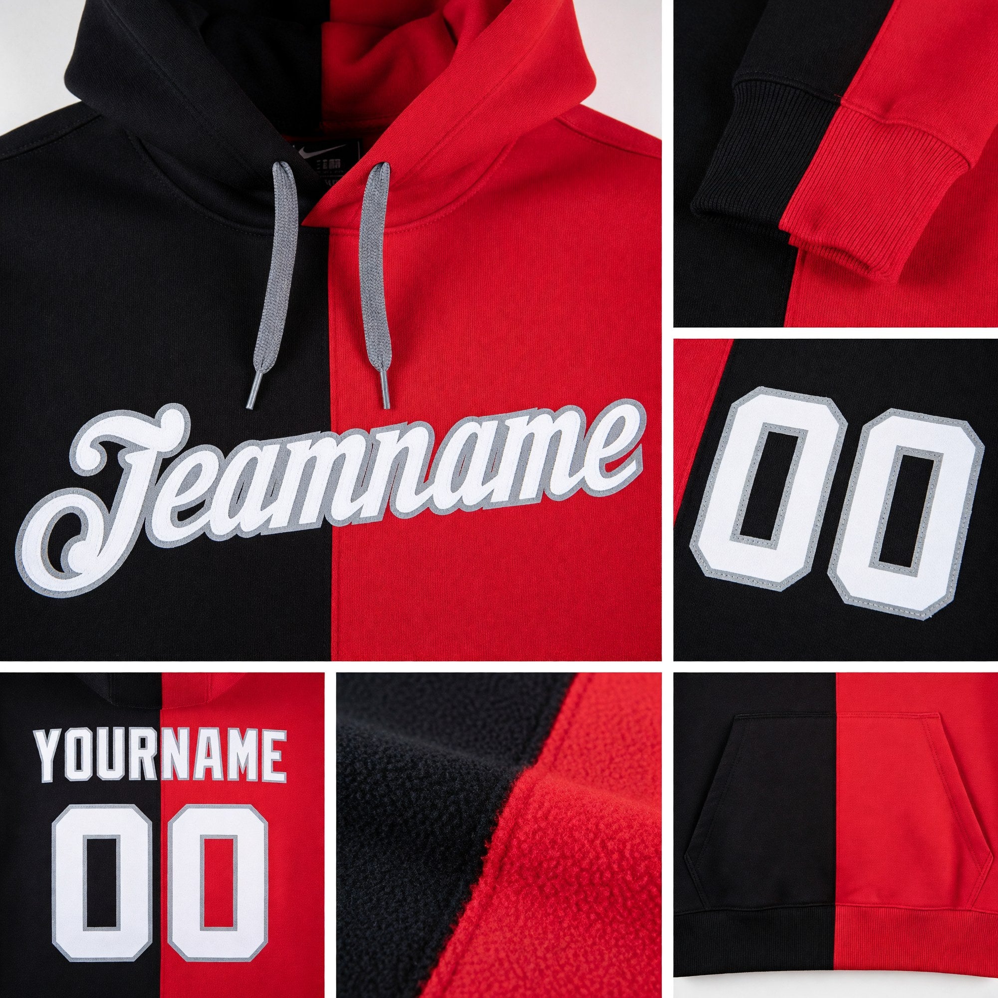 Custom Stitched Red White-Black Split Fashion Sports Pullover Sweatshirt Hoodie detail