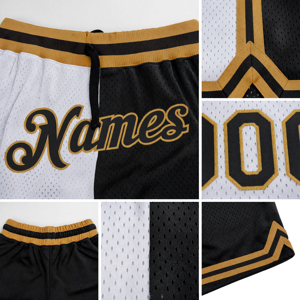 Custom White Black-Old Gold Authentic Throwback Split Fashion Basketball Shorts detail