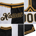 Custom White Black-Old Gold Authentic Throwback Split Fashion Basketball Shorts detail