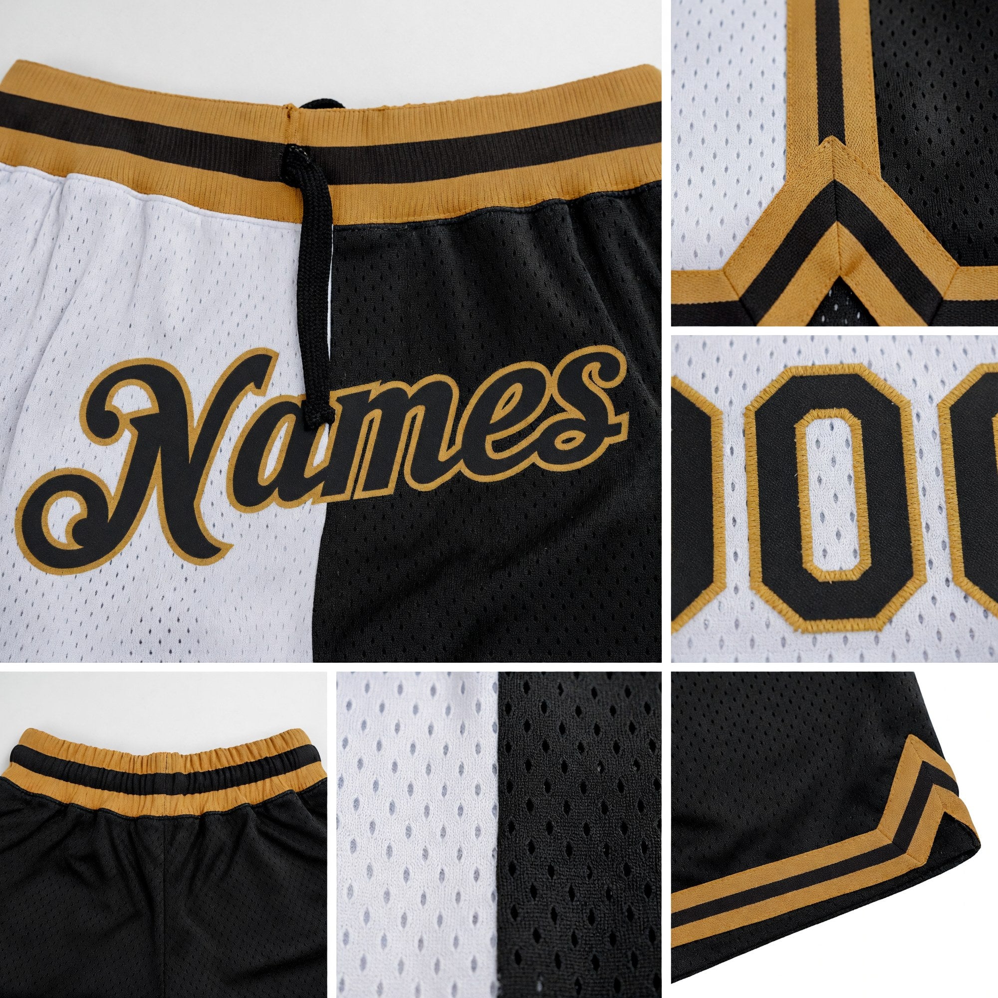 Custom White Black-Old Gold Authentic Throwback Split Fashion Basketball Shorts detail