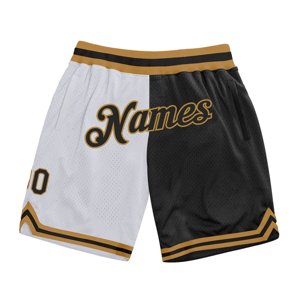Custom White Black-Old Gold Authentic Throwback Split Fashion Basketball Shorts photo 1